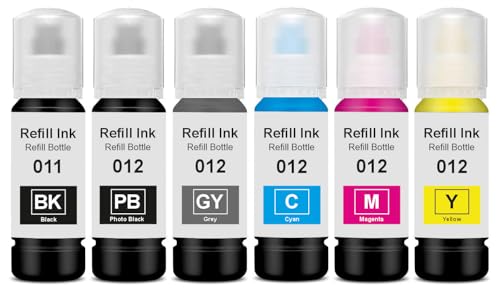 Image of KOSH 011 & 012 Refill Ink Bottle Compatible for Epson L8180 and L8160 Printers (6, BK C M Y GY PB Set)