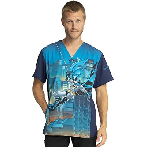 Tooniforms V-Neck Medical Scrub Top for Men, Modern Fit with Cartoon Graphic Tees Design Character Scrubs for Medical Professionals TF700, S, Swing Into Action Cover
