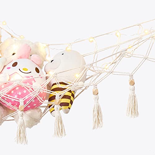 Dahey Stuffed Animal Storage Net Hammock With String Light Wall Corner Hanging Toys Storage Organizer Plush Net Toy Holder Hammock Macrame Tassels Boho Decor For Nursery Kid Playroom Bedroom #TOP3