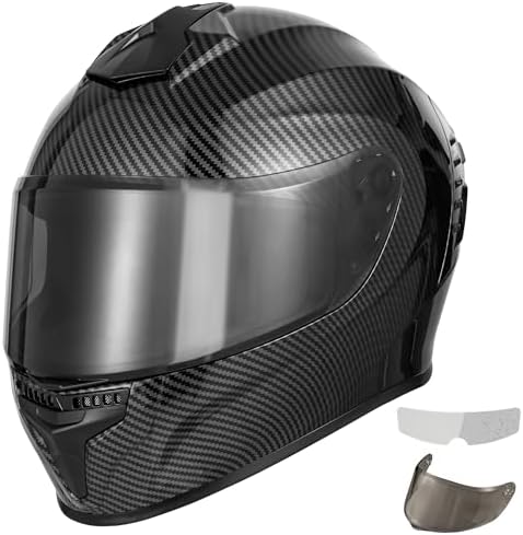 Favoto Full Face Motorcycle Helmet with 2 Visors and Anti-fog Film, DOT Approved Street Bike Helmet for Adult Men Women (Black&Carbon Fiber, M-XL)