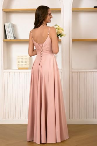 Dymaisei Satin Bridesmaid Dresses Spaghetti Straps V Neck Prom Dress Long A Line Formal Evening Dress with Pockets2