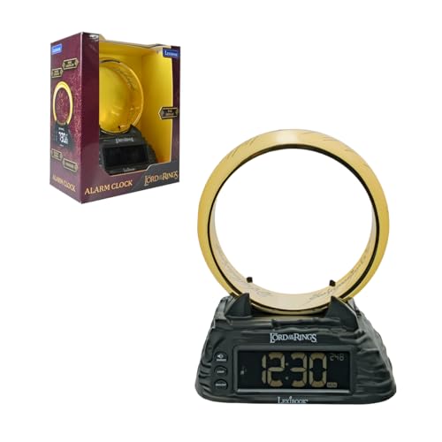 LEXIBOOK, Despertador Digital El Señor de los Anillos, Luz Nocturna Anillo Único, Pantalla LCD Retroiluminada, 6 Efectos de Sonido, 6 Tonos de Llamada, Batería Recargable, Oro/Negro, RL805LR