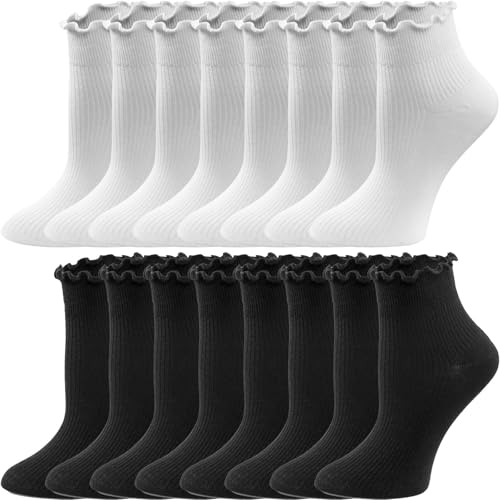Image of 8 Pairs Cute Ruffle Frilly Ankle Socks Women, Lace Lettuce Socks