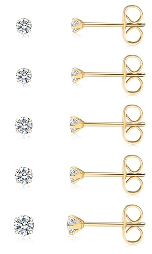 Small Gold Stud Earrings Set for Women Men, Hypoallergenic 14K Gold Plated Cubic Zirconia Mini Stud...
