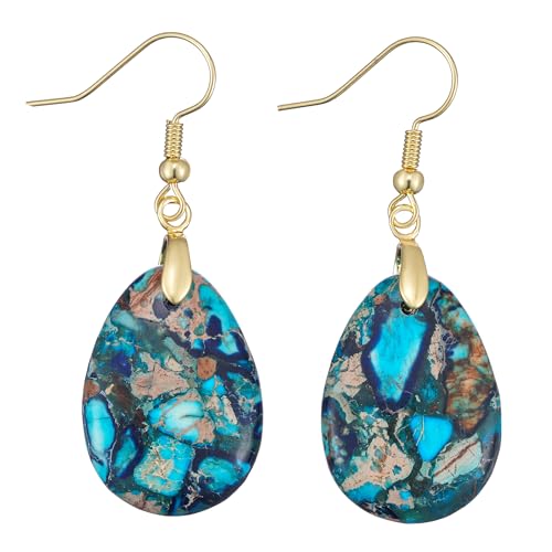 Boho Blue Teardrop Dangle Earrings for Women, 14K Gold Plated Natural Gemstone Drop Earrings, Hypoallergenic Cultural Heritage Jewelry for Daily Wear & Gift