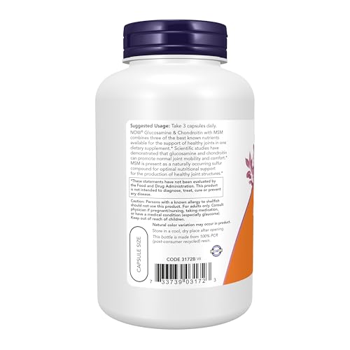 NOW Foods Supplements, Glucosamine & Chondroitin with MSM, Joint Health, Mobility and Comfort*, 180 Veg Capsules