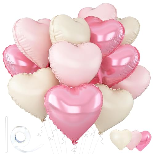 Wuhetyo Pink Heart Balloons 18inch Bright Pink Heart Shaped Foil Balloons & Pastel White Helium Mylar Balloon for Anniversary Wedding Engagement Birthday Party Baby Shower Decorations(12Pcs)