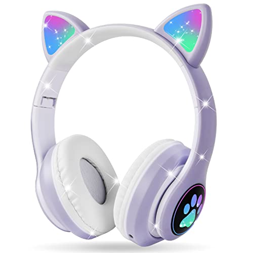 AXFEE Auriculares Inalámbricos para Niños, Auriculares con Orejas de Gato con Luz Led, Auriculares Plegables para Niños con Micrófono, para Móvil/Tableta, Regalo de Cumpleaños/Navidad(Morado)