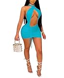 Womens Sexy Cross Halter Dresses - Hollow Out Halter Package Hip Dress Open Back Above Knee Clubwear Party Night Out Dresses Lake Blue M
