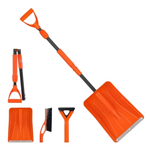 3-IN-1-Klappbares Schneeschaufel-Set mit Schneebesen und Eiskratzer, 127cm Schneeschieber Kunststoff mit Teleskopstange, Ideal zum Schneeräumen von Einfahrten, Gehwegen und Autodächern, Orange