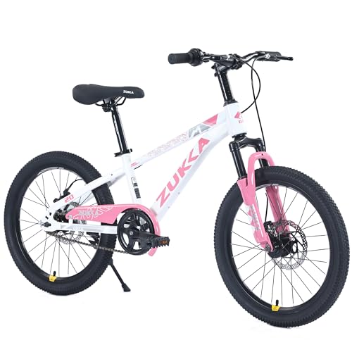 Spollowe 20 Inch Kids Mountain Bike for Boys Girls Age 7-10 Years, Steel Frame with Front Suspension Fork and Double Disc Brakes, All-Terrain Bicycle,White/Pink