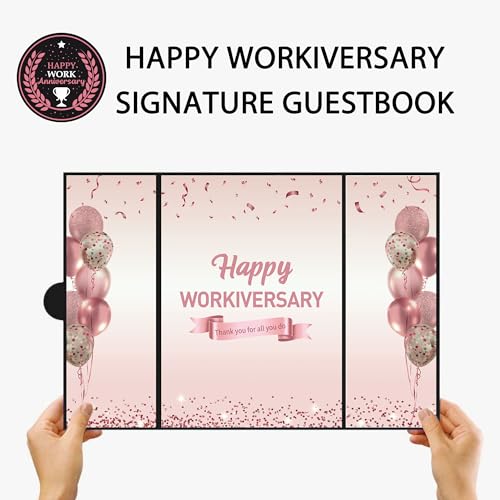 Image of DARUNAXY Rose Gold Happy Workiversary Party Decorations, Happy Work Anniversary Alternative Signature Guest Book for Women Pink Employee Business Gifts Signing Card Board for Office Supplies