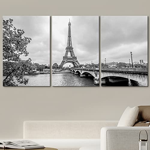 Wall26 - 3 Piece Canvas Wall Art - Paris Eiffel Tower From Seine. Cityscape In Black And White - Modern Home Art Stretched And Framed Ready To Hang - 24"X36"X3 Panels #TOP1