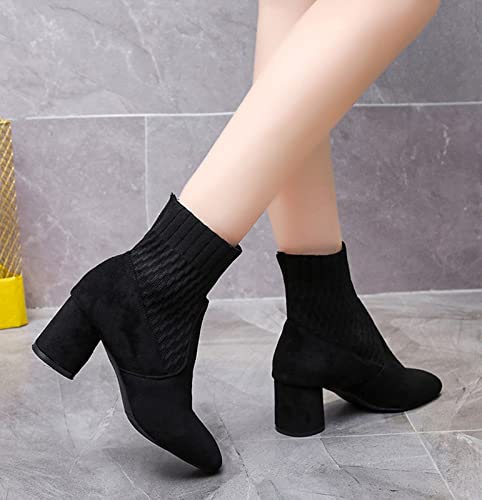 oiangi Knitted Ankle Boots for Women - Fashion Chunky Heel Round Toe Suede Slip-on Sock Mid Heel Short Booties Skinny Comfortable Casual Ladies Shoes2