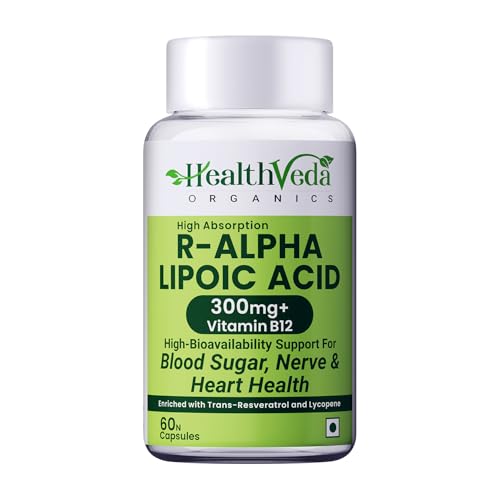 Image of Health Veda Organics R-Alpha Lipoic Acid 300 mg with Vitamin B12, Trans-Resveratrol & Lycopene | High Absorption ALA for Blood Sugar, Nerve & Heart Health Support | 60 Veg Capsules