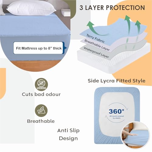 Image of Ayka 100% Waterproof Cotton Terry Mattress Protector Double Size Breathable Hypoallergenic Noiseless Ultra Soft Fitted Bed Protector 72x48 inch Mattress Cover /Bed Cover (Sky Blue, Double (72 * 48 inch))
