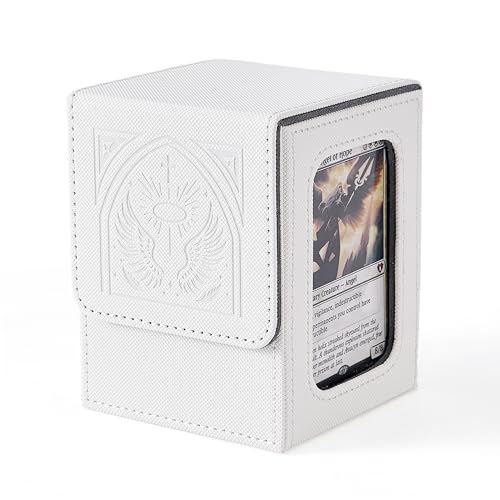 Image of Venssu MTG Deck Box with Commander Display, Angel Card Deck Case Fits 120 Single Sleeved Cards, TCG Card Storage Box with 2 Dividers and 1 Toploader (White&Grey)