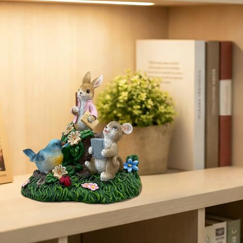 Estatua decorativa de resina conejo ratón y pájaro jardín miniatura 6
