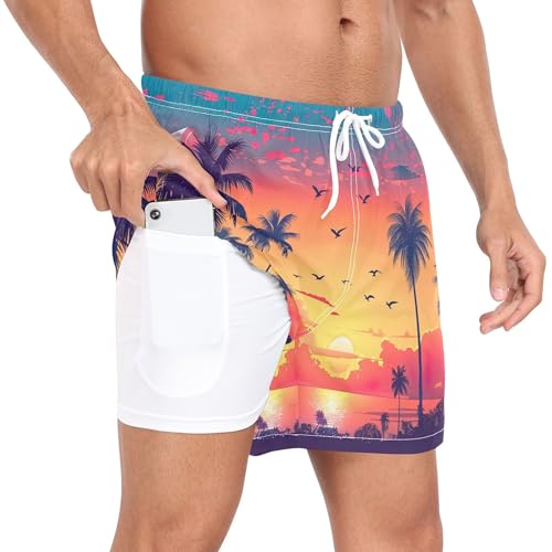 xigua Sunset with Palm Trees Mens Swim Trunks with Liner, 5 inch Quick Dry Mens Boardshorts for Beach2