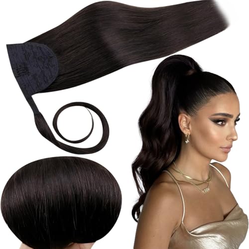 RUNATURE 14 Inch Ponytail hair Extension Black Human Hair Clip in Ponytail Hair Extension Real Human Hair Off Black Ponytail Extension 80 Gram #1B