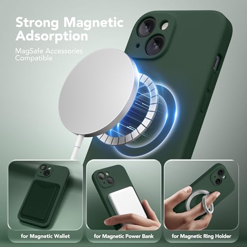 Image of Magnetic for iPhone 15 Case, Compatible with MagSafe, [Screen Protector + Full Camera Protection], Silicone Shockproof Anti-Scratch Protective Phone Case for iPhone 15 6.1 inch, Alpine Green