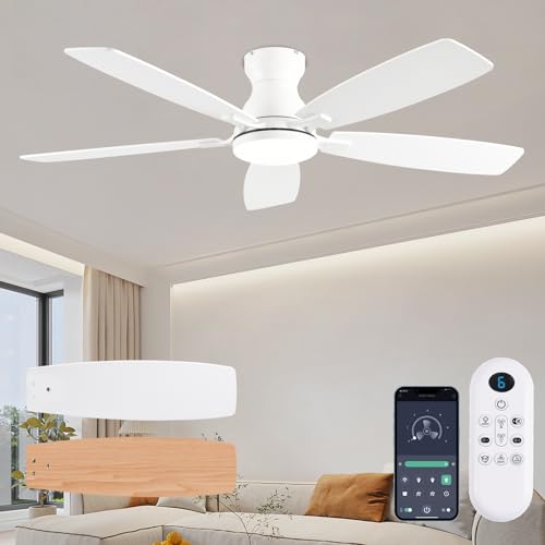 Image of JSAITEE Ceiling Fans with Lights, 52 Inch Low Profile Ceiling Fan with Light and Remote Control, Flush Mount, DC Reversible Motor, Noiseless, White 6 Speeds Ceiling Fan for Bedroom