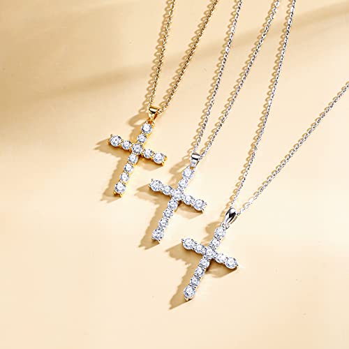 Carleen Cross Necklace For Women Yellow Gold Plated Sterling Silver Cubic Zirconia Cz Simulated Diamond Cross Crucifix Pendant Necklace Jewelry Easter Gift For Women Girls, 18" Silver Chain Nice Gifts Jewelry Box #TOP5