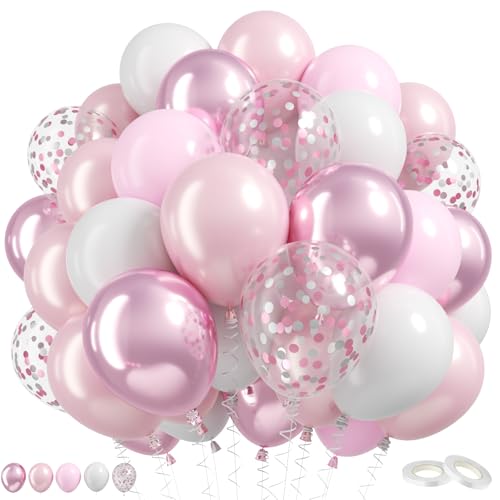 Image of Pink and White Balloons, 60 Pcs 12 Inch White Metallic Pink Latex Balloons with Silver Confetti and Double Stuffed Pearl for Baby Shower Birthday Party Decorations