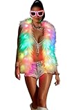 SHINYOU Women Light Up faux fur Coat, Smart LED Vest,Glow Fluffy Sparking Costume Waistcoat Christmas Party Music Festival (M-L, White Women)