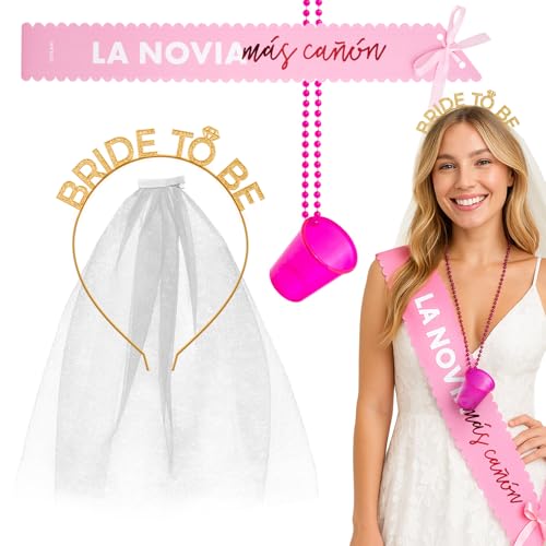 Disfraces Originales Despedida de Soltero Soltera 46 OH YEAH - Pack 3 Uds - Kit Despedida de Soltera Accesorios - Bandas para Despedidas de Soltera - Photocall - Velo - Diadema - Disfraz Novia - Bodas - Bride to Be - REGALO ÚNICO