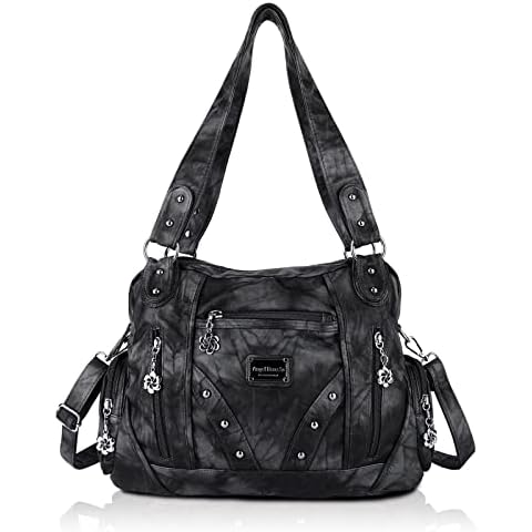 Angel Barcelo Roomy Fashion Hobo Womens Handbags Ladies Purses Satchel Shoulder Bags Tote Washed Leather Bag (Black Grey) Cover