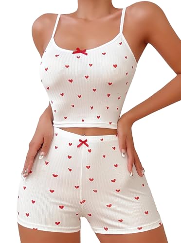 Image of Hilinker Womens Graphic 2 Piece Pajama Set Summer Cute Crop Cami and Shorts Ribbed Lounge Sets