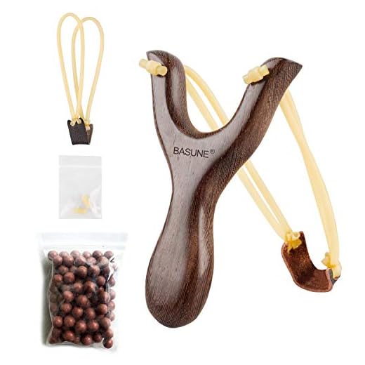 BASUNE Solid Wooden Slingshot Toys with Classic Construction Hunting Slingshot for Catapult Game, Outdoor, Hunting-for Kids/Children/Adult (Deep Brown)