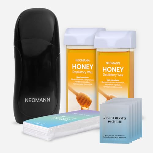NEOMANN Roll on Wax Kit for Hair Removal with 2x Honey Cartridges Black | 50 Strips roller for Hair Removal-Pink with 6 Post-Wax Treatments