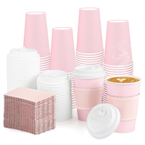 NatNarr 60 Pack Pink Coffee Cups with Lids Sleeves 12oz Insulated To Go Paper Cups Pink Party Cups Disposable Paper Cups Drinking Cups for Wedding Birthday Baby Bridal Shower Party Supplies