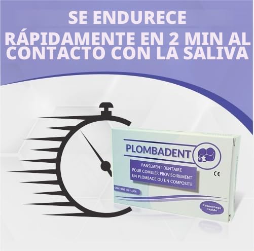Plomabdent-Apósito dental para tapar una caries, obturación de un agujero, relleno o amalgama perdidos. Fabricación 100% francesa. Pata lista para usar. Endurece rápidamente; + 30 aplicaciones.