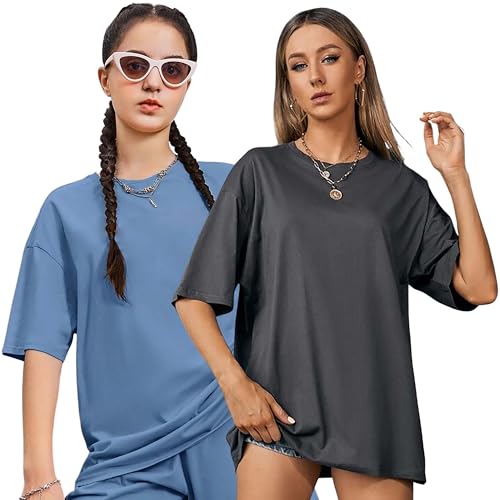 Image of London Hills Women's Cotton Loose Casual Round Neck Solid, Drop Shoulder T-Shirt Pack of 2