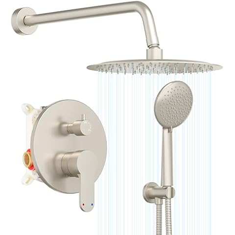 Gabrylly Shower System, Shower Faucet Set with Pressure Balance Shower Valve, 10" Rain Shower Heads with Handheld Spray, Wall Mounted Shower Fixtures, High Pressure Shower Head Set, Brushed Nickel Cover