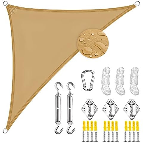 LRHRHR Sun Shade Sail Waterproof UV Block Sunscreen Awning Outdoor Backyard Garden Triangle Canopy with Fixing Kit- Sand|| 3x3x3m Cover