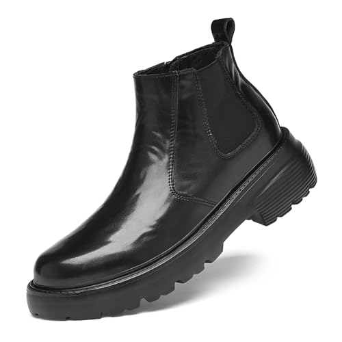 Men's Chelsea Boots with Side Zipper Classic Elastic Leather Platform Ankle Boots Fashion Slip On Non-Slip Dress Boots