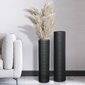 Tall Black Floor Vase: 27.7 Inch Extra Large Decorative Vases for Living Room Modern Tall Vases for Floor with Hammered Honeycomb Big Metal Standing Vase for Corner Office Home Set of 2
