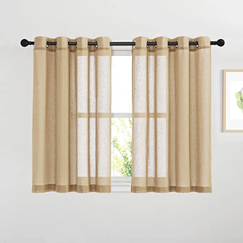 NICETOWN Linen Curtains 45 inch Length for Bathroom, Ring Top Semi Sheer Drapes Privacy with Light Through Window Treatments for Bedroom/Kids Room, Ca