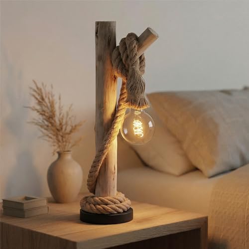 Home Sweet Home Lampe de table nautique en bois et corde, 60 cm – Style campagne et industriel vintage – Effet bois flotté – Bois d’eucalyptus et...