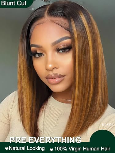 Image of KLAIYI Bye Bye Knots Glueless Wig Ombre Brown with Blonde Bob Straight Precut 7x5Lace Front Human Hair Wig with Dark Roots Pre Plucked Bleached Blunt Cut Balayage Highlight Ready to Wear and Go 14Inch