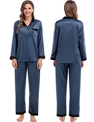SWOMOG Couples Pajama Sets Women & Men Silky Satin Long Sleeve Sleepwear Classic Button Down Soft Loungewear Pjs Set Men Deep Grey Medium2