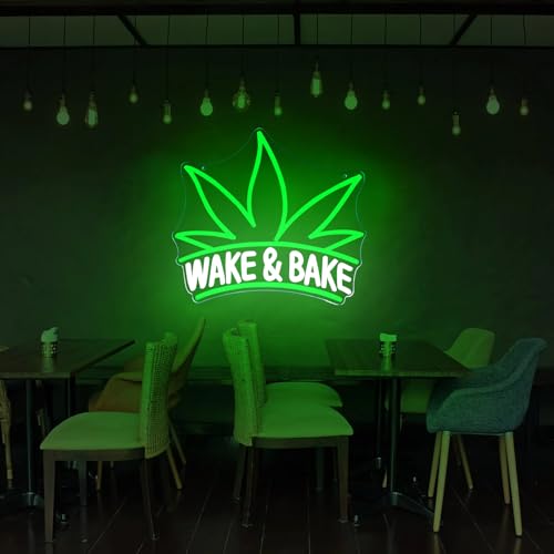 Image of Wake & Bake Neon Signs Green Weed Leaf LED Neon for Bar Decor,Dimmable Wake and Leaf Neon Lights Men Cave Bedroom Living Room Gifts for Christmas Birthday(Green, Wake)