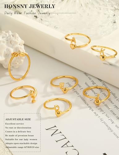 Honsny Gold Initial Rings for Women Non Tarnish 18K Gold Plated Heart Initial Stackable Rings Adjustable Pinky Rings for Women Cute Dainty Alphabet Capital Letter Rings Jewerly Gift — view 6