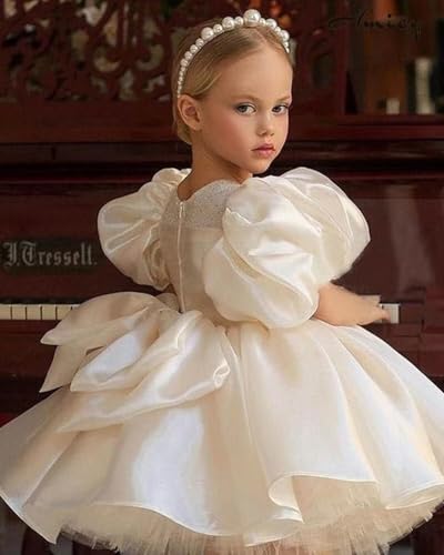 Satin Pageant Dresses for Girls Puffy Tulle Flower Girl Dress for Wedding Long Toddler Princess Gowns with Bow TJ174