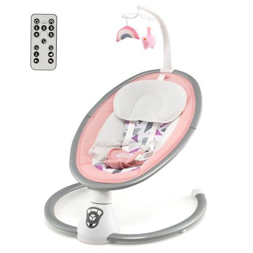 RELAX4LIFE Balancín Bebe Eléctrica para Bebé con 12 Melodías y Cojín Reductor, 5 Niveles de Balanceo y Velocidad, Hamaca Bebé con Cargador USB, Mando a Distancia, Cinturones de Seguridad (Rosa)
