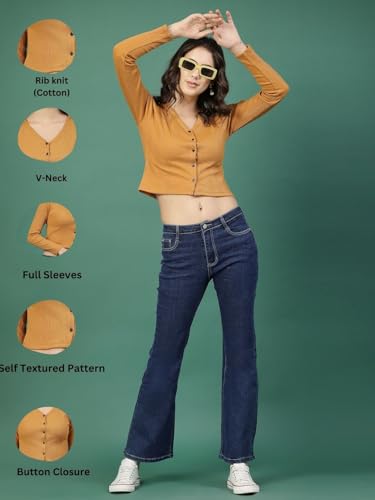 Image of Rigo Casual Wear V Neck Rib Knit Top for Women | Slim Fit Long Sleeves Western Tops for Women
